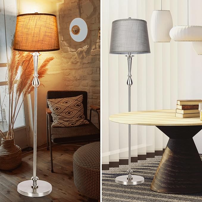 Dott Arts Tall Floor Lamp for Living Room Bedroom, 3 Color Temperature Standing Lamp with Grey Linen Shade, Modern Floor Lamp with 9W LED Bulb, Elegant Nickel Finish Reading Floor Lamps, Foot Switch - LeafyLoom