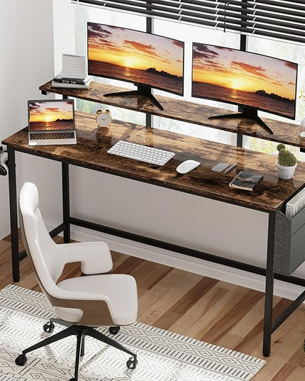 Shintenchi 55 inch Computer Desk with Monitor Stand, Stable Design Writing Desk, Study Workstation Home Office Table with Storage Bag & Hook, Vintage Brown - LeafyLoom