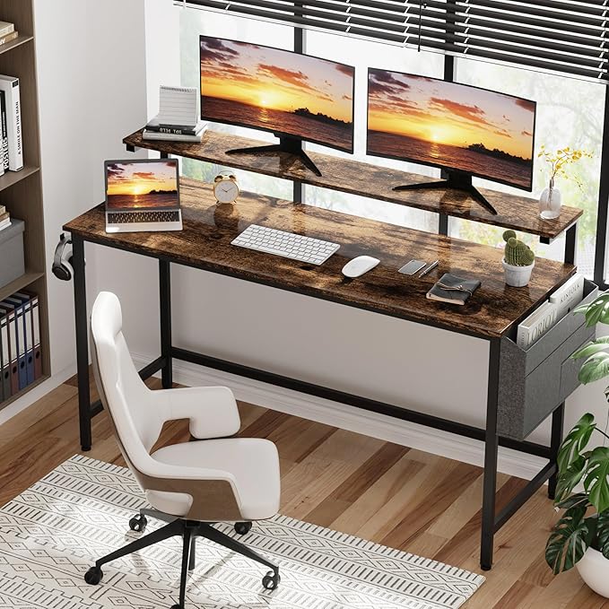 Shintenchi 55 inch Computer Desk with Monitor Stand, Stable Design Writing Desk, Study Workstation Home Office Table with Storage Bag & Hook, Vintage Brown - LeafyLoom