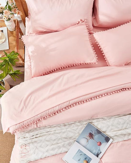 Anluoer King Comforter Set 7 Piece, Pink Bed in a Bag with Sheets, Pom Pom Boho Bedding Comforter Sets with 1 Comforter, 2 Pillow Shams, 2 Pillowcases, 1 Flat Sheet, 1 Fitted Sheet - LeafyLoom