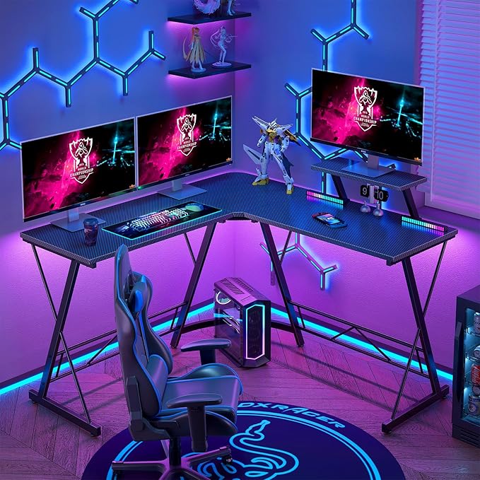 Mr IRONSTONE L Shaped Gaming Desk, Computer Corner Desk Carbon Fiber Surface for Home Office, Writing Study Desk with Laptop Stand, Easy to Assemble, Carbon Fiber, 51 Inch - LeafyLoom