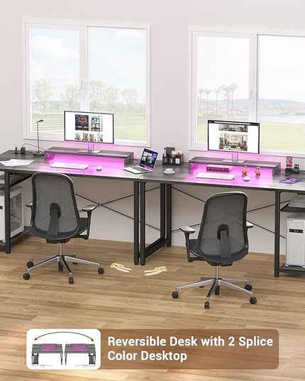 armocity Computer Desk with LED Lights, Gaming Desk with Power Outlet and USB, 40 Reversible Laptop Table with Moveable Monitor Stand, Small Desk for Small Spaces, Office, Gaming Room, Grey - LeafyLoom
