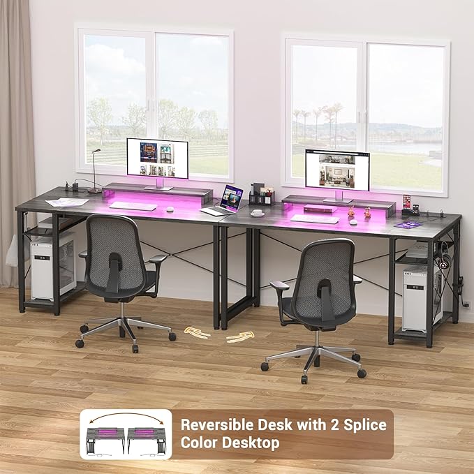 armocity Computer Desk with LED Lights, Gaming Desk with Power Outlet and USB, 40 Reversible Laptop Table with Moveable Monitor Stand, Small Desk for Small Spaces, Office, Gaming Room, Grey - LeafyLoom