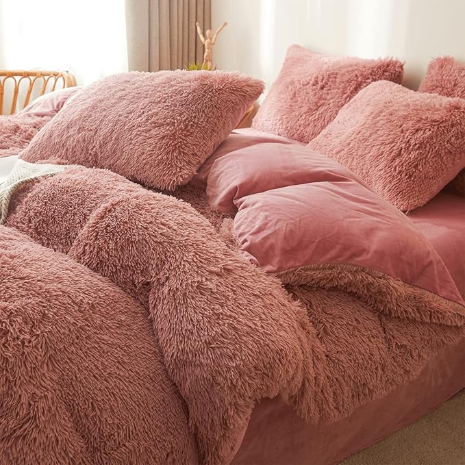 Old Pink Plush Fluffy Comforter Cover Set Queen - Ultra Soft Faux Fur Old Pink Bedding Sets 3 Pieces (1 Fuzzy Duvet Cover + 2 Pillow case) Shaggy Bed Set (Old Pink, Queen) - LeafyLoom