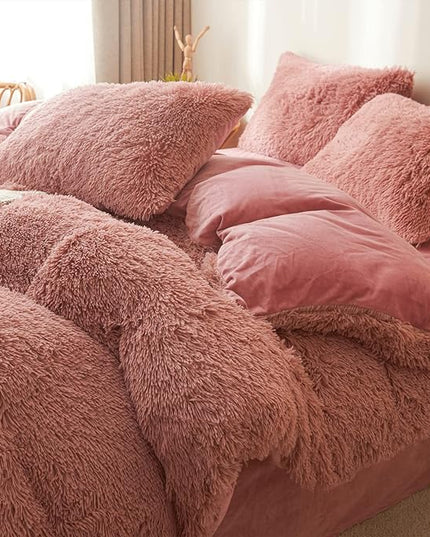 Fluffy old pink comforters Cover twin size - Ultra Soft Plush old pink bedding Sets 2 Pieces (1 faux fur comforter Cover + 1 fuzzy pillow case) girls shaggy old pink twin bed set (Old Pink, Twin) - LeafyLoom