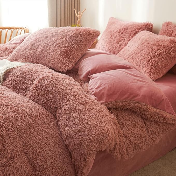 Fluffy old pink comforters Cover twin size - Ultra Soft Plush old pink bedding Sets 2 Pieces (1 faux fur comforter Cover + 1 fuzzy pillow case) girls shaggy old pink twin bed set (Old Pink, Twin) - LeafyLoom