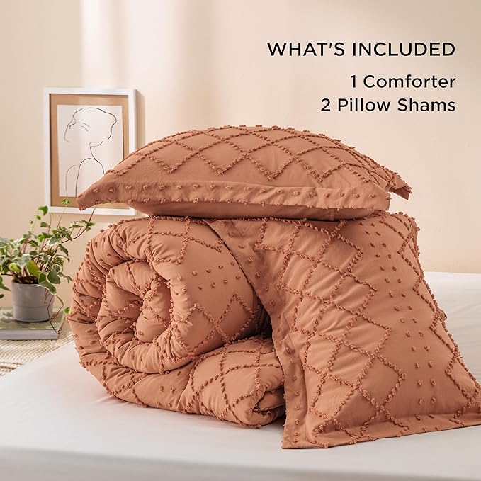 Bedsure Full Size Comforter Set - Pumpkin Comforter, Boho Tufted Shabby Chic Bedding Comforter Set, 3 Pieces Vintage Farmhouse Bed Set for All Seasons, Fluffy Soft Bedding Set with 2 Pillow Shams - LeafyLoom