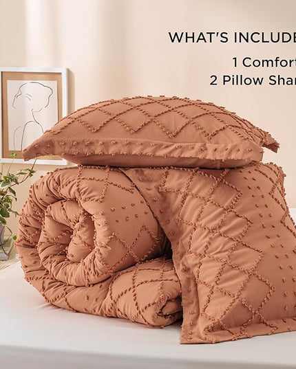 Bedsure King Size Comforter Set - Pumpkin Comforter, Boho Tufted Shabby Chic Bedding Comforter Set, 3 Pieces Vintage Farmhouse Bed Set for All Seasons, Fluffy Soft Bedding Set with 2 Pillow Shams - LeafyLoom