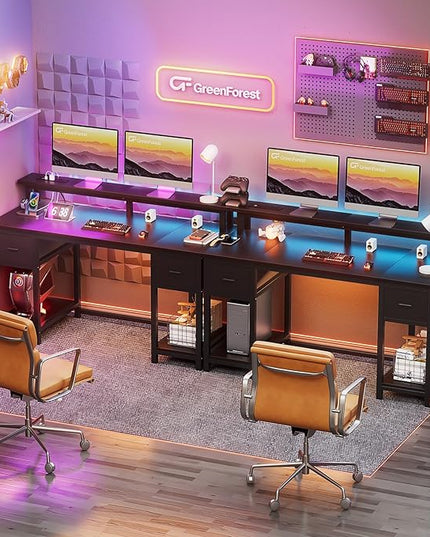 GreenForest Computer Desk with 2 Drawers and Power Outlets,50 Inch Office Desk with 2 Monitor Stands and Fabric File Cabinet, Reversible Gaming table with Led Lights and Shelves, Work Desk, Black - LeafyLoom