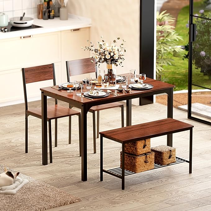sogesfurniture Modern 4-Piece Kitchen Dining Table Set with 1 Bench and 2 Chairs, Kitchen Bench Table Set for 4, Wooden Kitchen Table and Chairs for Limited Space,Brown - LeafyLoom