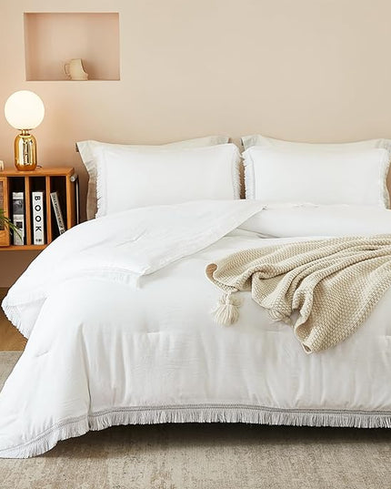 Litanika California King Comforter Set White, 3 Pieces Cal King Boho Tassel Bed Comforter, Oversized Soft Lightweight Bedding Comforter Sets for All Season(1 Comforter 104x96 inch, 2 Pillowcases) - LeafyLoom
