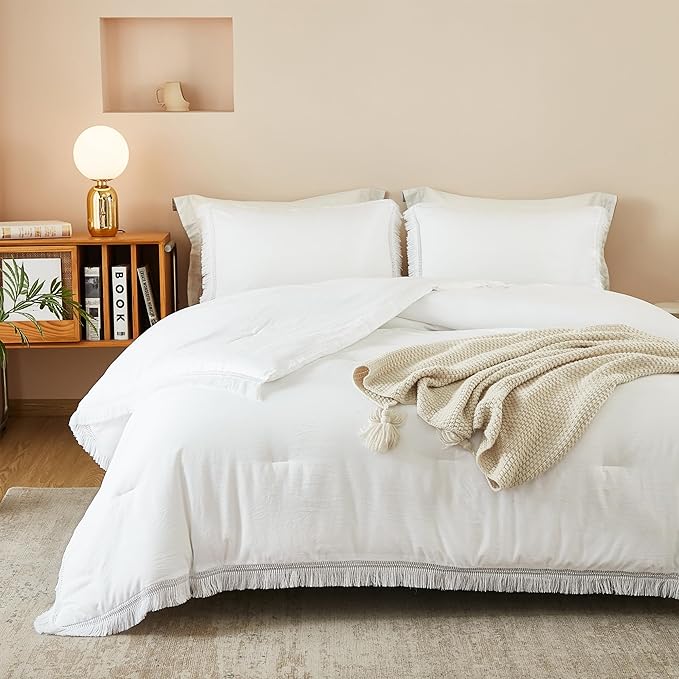 Litanika California King Comforter Set White, 3 Pieces Cal King Boho Tassel Bed Comforter, Oversized Soft Lightweight Bedding Comforter Sets for All Season(1 Comforter 104x96 inch, 2 Pillowcases) - LeafyLoom