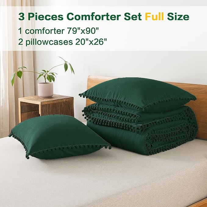 Litanika Comforter Full Size Set Dark Green,3 Pieces Dark Green Boho Pom Pom Lightweight Bed Comforter Full,All Season Solid Color Bedding Comforter Sets (1 Comforter 79x90 Inch, 2 Pillowcases) - LeafyLoom