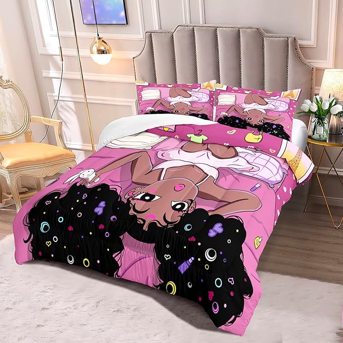 African American Black Girls Queen Comforter Sets, Black Girl Comforter Set Queen Size, Black Girls Comforter Queen Size African American Black Girls Bedding Set, Pink, 1 Comforter+2 Pillowcases - LeafyLoom