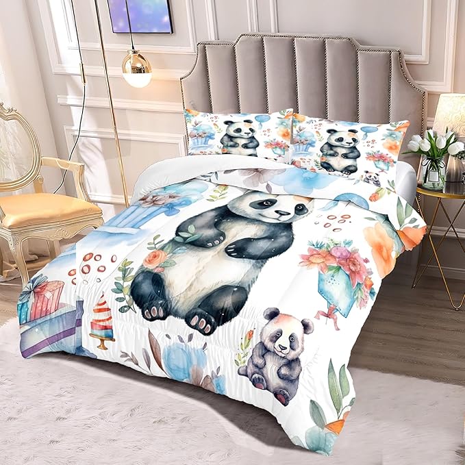 Panda Comforter Set Full Size - Panda Bedding for Boys Girls Cute Panda Set Cartoon Pandas Print Comfort Full Bedding Set for Kids Teens, 1 Comforter+2 Pillowcases - LeafyLoom