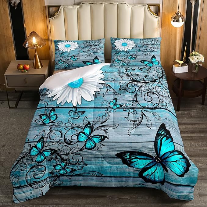 Butterfly Bedding Sets for Girls Teens Women Bedroom Rustic Flower Comforter Set King Size,Blue Butterflies White Chic Floral Duvet Set Retro Vintage Romantic Style Quilt Set Soft Lightweight - LeafyLoom