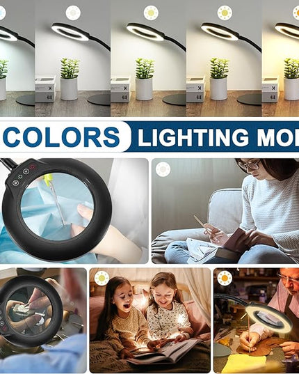 10X Magnifying Glass with Light, Flexible Gooseneck Lighted Magnifier with Stand, 5 Color Modes Stepless Dimmable LED Desk Lamp Hands Free for Crafts Painting Sewing Jewelry Reading Close Work - LeafyLoom