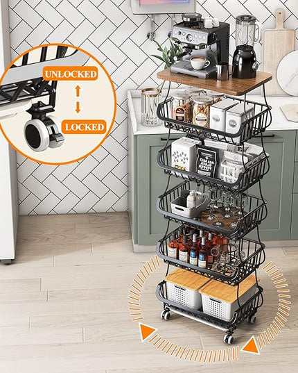 Wisdom Star 6 Tier Fruit Vegetable Basket for Kitchen with Wooden Tabletop, Storage Cart Vegetable Basket Bins for Onions and Potatoes, Wire Storage Basket Organizer Utility Cart with Wheels, Black - LeafyLoom