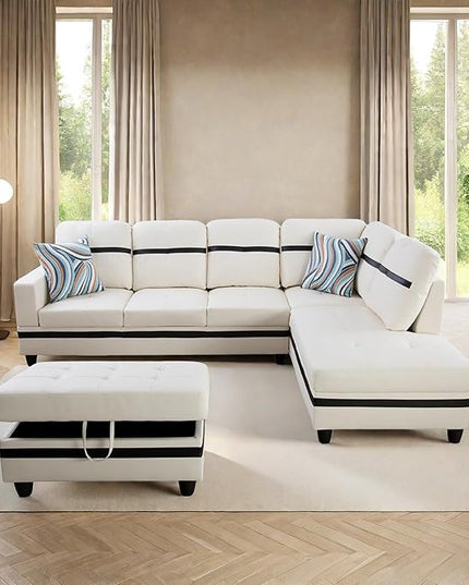 L Shaped Sofa with Ottoman Modern Sectional Living Room, Bedroom, Office, L Couch White-Black - LeafyLoom