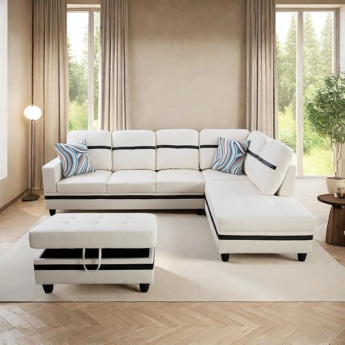 L Shaped Sofa with Ottoman Modern Sectional Living Room, Bedroom, Office, L Couch White-Black - LeafyLoom