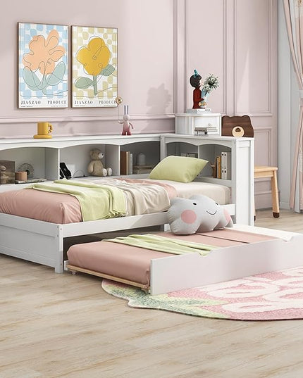 SuperStroke Jintop Twin Size Daybed with 5 Storage Cabinets and Trundle,Wood Sofa Bed Frame W/ 2 Standard Plug Outlets & Two USB Ports,No Box Spring Required,for Living Room Bedroom Apartment,White - LeafyLoom