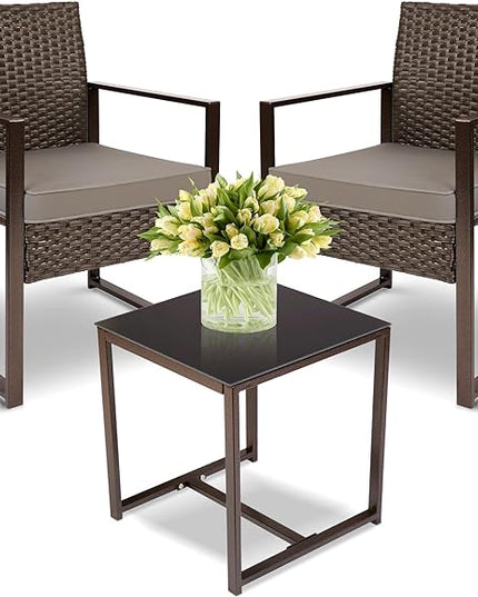YIYAN 3 Pieces Outdoor Furniture Set Patio Rattan Wicker Chairs & teatable,Lawn Garden Balcony Backyard,with Washable Cushion (Gray) - LeafyLoom