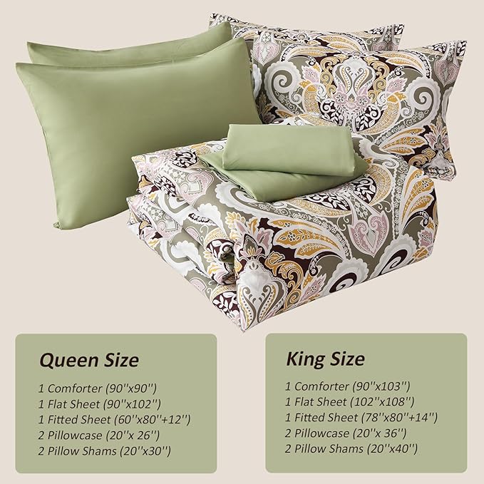 Yiran Sage Green Paisley Comforter Set King 7 Pieces Bed in a Bag Boho Comforter Lightweight Microfiber Bedding Set (1 Comforter, 1 Flat Sheet, 1 Fitted Sheet, 2 Pillowcases, 2 Pillow Shams) - LeafyLoom