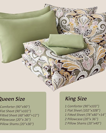 Yiran Sage Green Paisley Comforter Set Queen 7 Pieces Bed in a Bag Boho Comforter Lightweight Microfiber Bedding Set (1 Comforter, 1 Flat Sheet, 1 Fitted Sheet, 2 Pillowcases, 2 Pillow Shams) - LeafyLoom