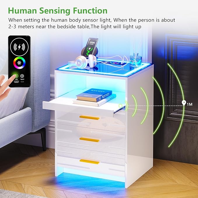 HNEBC High Gloss Nightstand with Wireless Charging Station, Smart Night Stand with RGB Dynamic Lighting, Modern Bed Side Table with Drawers Sliding Tray, Glass Tabletop, Motion Sensor Lights(C White) - LeafyLoom