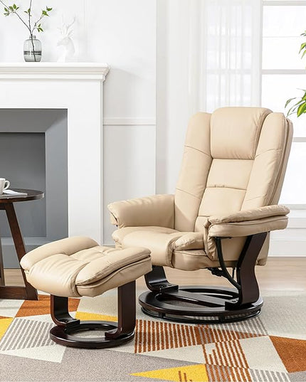 JC Home Swivel Ottoman Bonded Leather Recliner Chair and Foot Rest for Living Room, Home Theater, Man Cave, Bedroom-Round Mahogany Base-Modern, Contemporary Furniture, offwhite - LeafyLoom