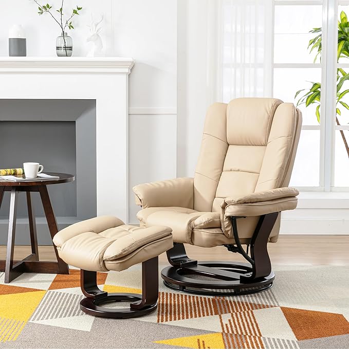 JC Home Swivel Ottoman Bonded Leather Recliner Chair and Foot Rest for Living Room, Home Theater, Man Cave, Bedroom-Round Mahogany Base-Modern, Contemporary Furniture, offwhite - LeafyLoom