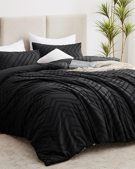 CozyLux King Size Comforter Set Black - 3 Pieces Black Boho Tufted Shabby Chic Bedding Comforter Set for All Seasons, Chevron Bedding Sets with Comforter & 2 Pillow Shams - LeafyLoom