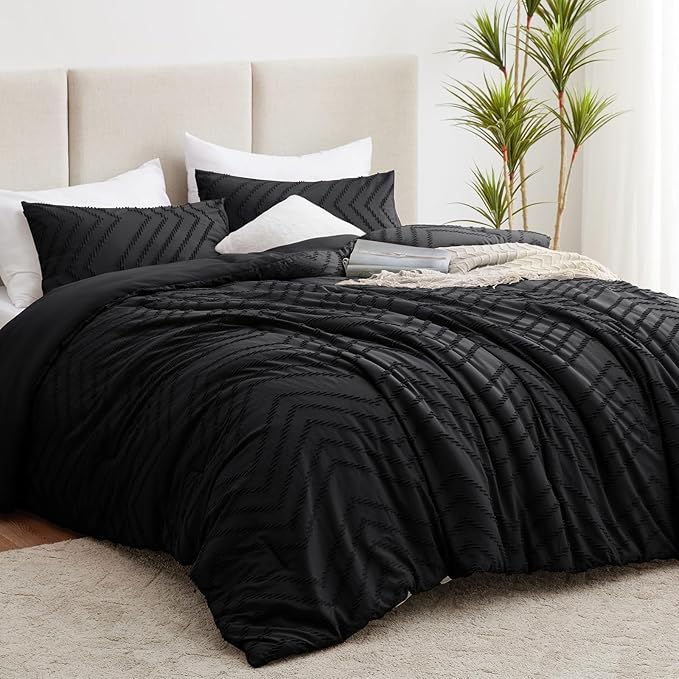 CozyLux California King Size Comforter Set Black - 3 Pieces Cal King Boho Tufted Shabby Chic Bedding Comforter Set for All Seasons, Chevron Bedding Sets with Comforter & 2 Pillow Shams - LeafyLoom