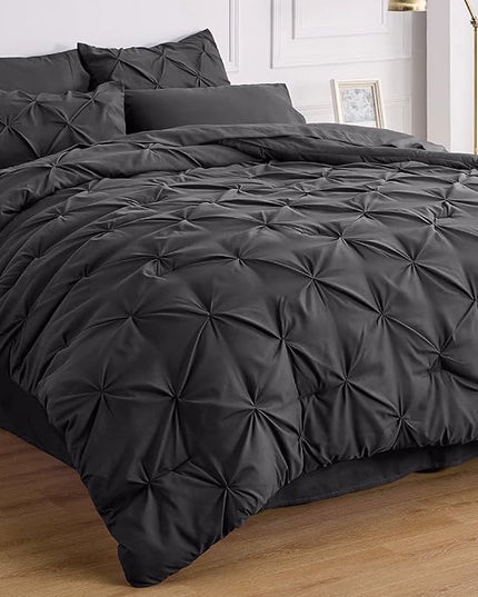 Bedsure Twin Comforter Set with Sheets - 5 Pieces Twin Bedding Sets, Pinch Pleat Dark Grey Twin Bed in a Bag with Comforter, Sheets, Pillowcase & Sham - LeafyLoom