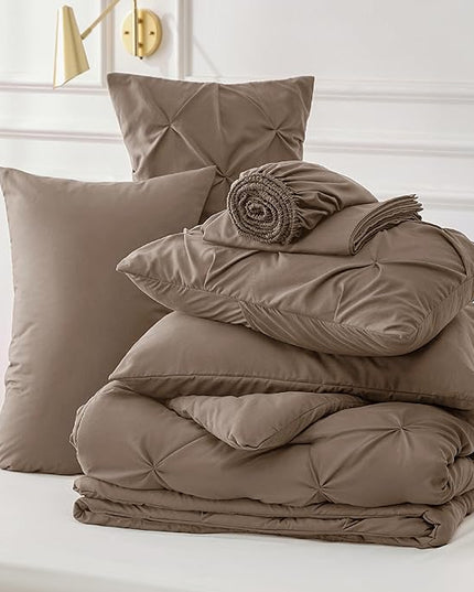 Bedsure Brown Comforter Set Queen - Bed in a Bag Queen 7 Pieces, Pintuck Beddding Sets Brown Bed Set with Comforter, Sheets, Pillowcases & Shams - LeafyLoom