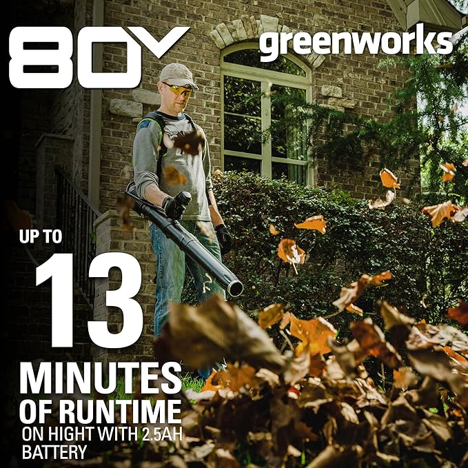 Greenworks 80V (180 MPH / 610 CFM / 75+ Compatible Tools) Cordless Brushless Backpack Blower, 2.5Ah Battery and Rapid Charger Included, Green/Black - LeafyLoom