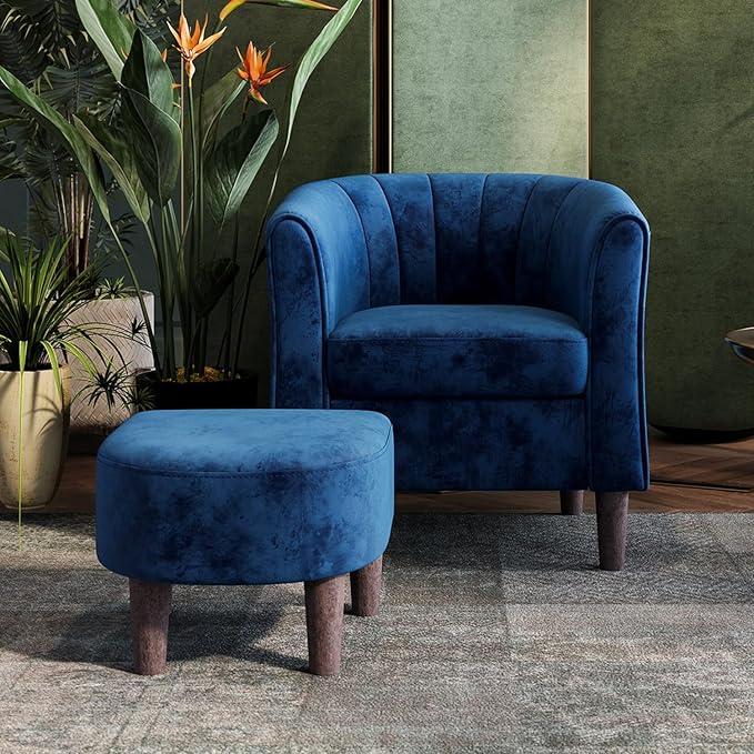 Velvet Accent Chair, Barrel Chair with Ottoman, Modern Comfy Reading Chair Armchair for Living Room Study Room Office, Blue - LeafyLoom