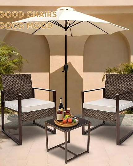 YIYAN Patio Furniture Set 3 Pieces Outdoor Rattan Chair Wicker Sofa Garden Conversation Bistro Sets with Coffee Table,Comfortable Washable Cushions (White) - LeafyLoom