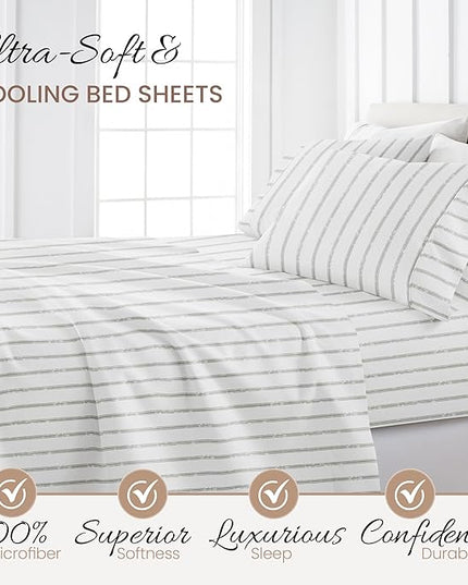 Linen Market 4 Piece King Bedding Sheet Set (Light Gray Lines) - Sleep Better Than Ever with These Ultra-Soft & Cooling Bed Sheets for Your King Size Bed - Deep Pocket Fits 16" Mattress - LeafyLoom