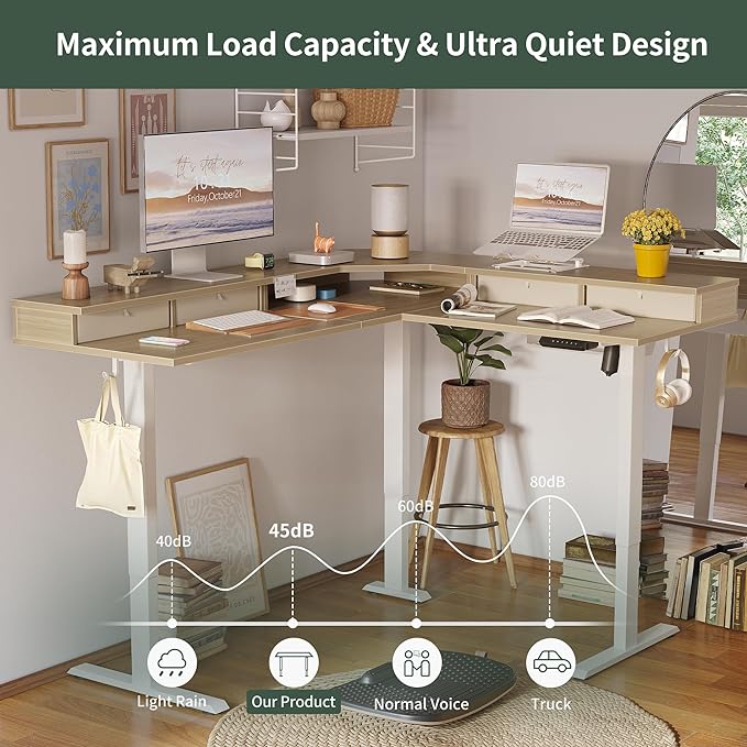 FEZIBO 63" L Shaped Standing Desk with 4 Drawers, Electric Standing Gaming Desk Adjustable Height, Corner Stand up Desk with Splice Board, White Frame/Light Walnut Top - LeafyLoom