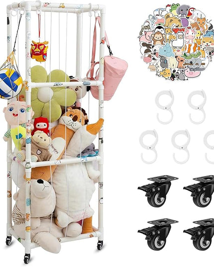 X-Large Plush Stuffed Animal Zoo Cage with Wheels, 67.7'' Stuffed Animal Storage Zoo Holder Standing, Toy Storage Organizer Shelves Basket with Net for Playroom, Bedroom, Nursery - LeafyLoom