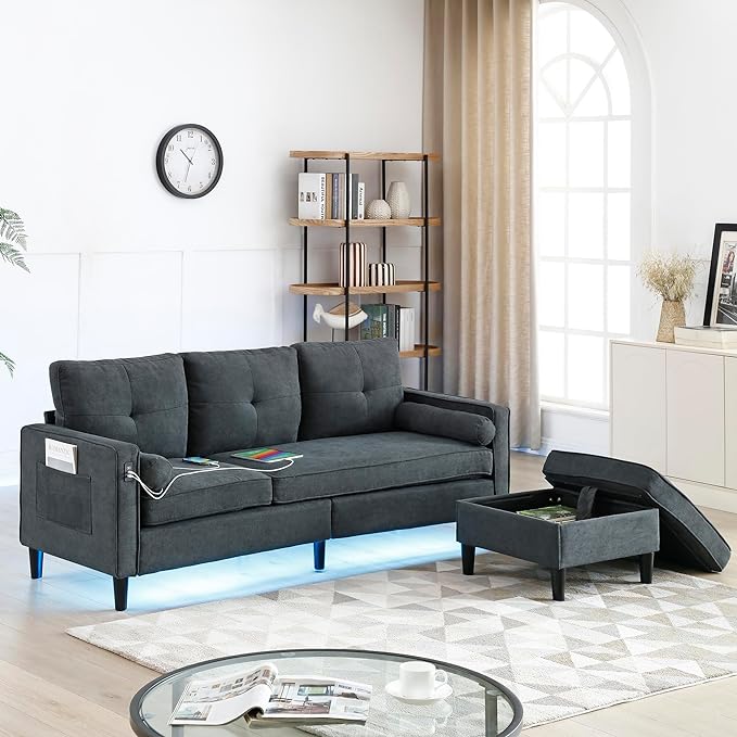 3 Seater L Shaped Convertible Sectional Sofa Couch with Reversible Chaise , Linen Upholstered Corner Sleeper Lounge Sofá with 2 USB Ports and LED Lights ,Storage for Small Space Living Room Apartment - LeafyLoom