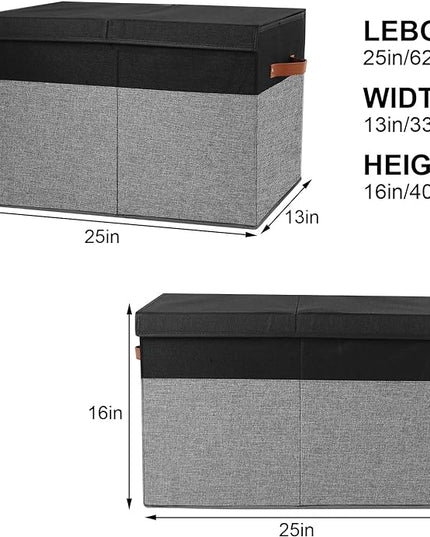 Large Toy Storage Box with Lid, Sturdy Toys Storage Chest Bin Organizer Basket with Dividers for Kids, Boys, Girls, Nursery, Closet, Bedroom, Playroom 25"x13" x16" (Black and Grey) - LeafyLoom