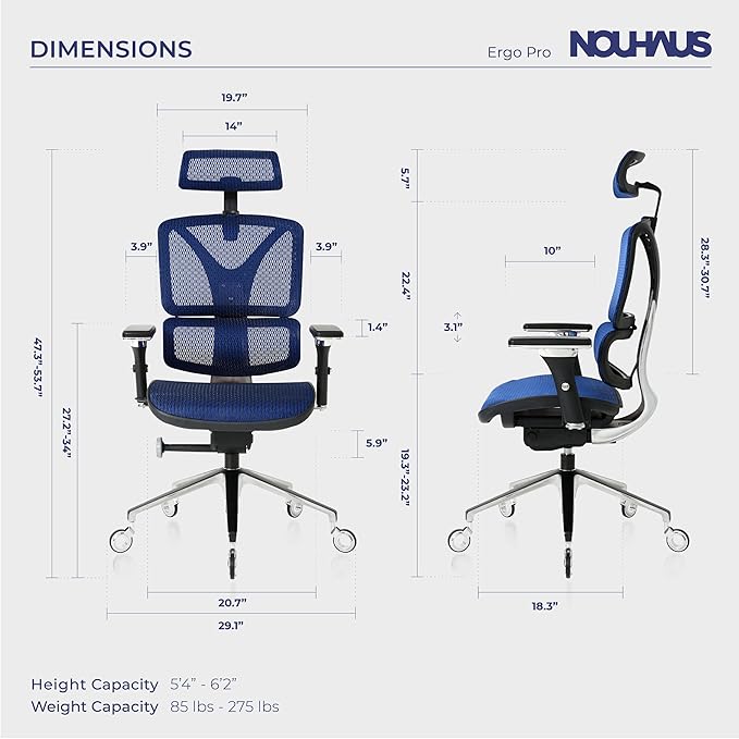 Nouhaus Ergonomic Office Chair Lumbar Support Aluminum Alloy Backrest, Big and Tall Mesh Computer Desk Chair with Adjustable Headrest, 4D Armrest and Premium Wheels(ErgoPRO,Blue) - LeafyLoom