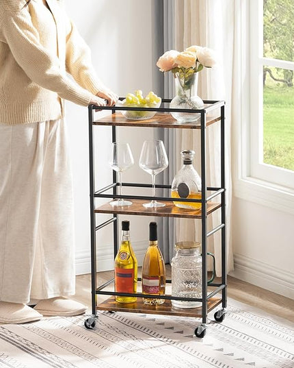 Rolling Cart, Mobile Kitchen Cart on Wheels, Narrow Storage Cart for Small Space, Wooden Service Cart, for Bathroom, Laundry, Living Room, Rustic Brown RCHR4001 - LeafyLoom
