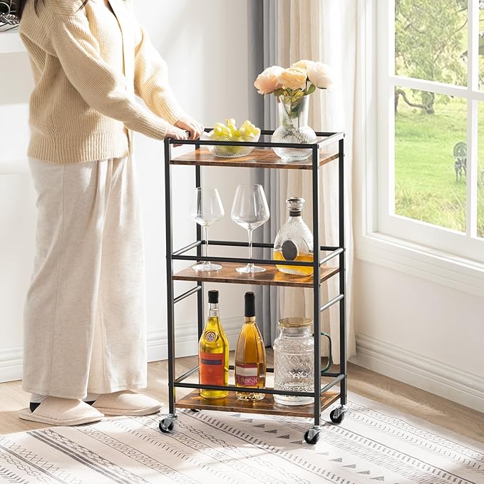 Rolling Cart, Mobile Kitchen Cart on Wheels, Narrow Storage Cart for Small Space, Wooden Service Cart, for Bathroom, Laundry, Living Room, Rustic Brown RCHR4001 - LeafyLoom