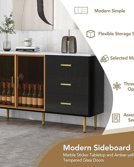 Modern Sideboard MDF with Marble Sticker Tabletop and Amber-Yellow Tempered Glass Doors,Freestanding Buffet Storage Cabinet,W/Gold Metal Legs & Handles,for Dining Room,Kitchen,Black, 60" - LeafyLoom