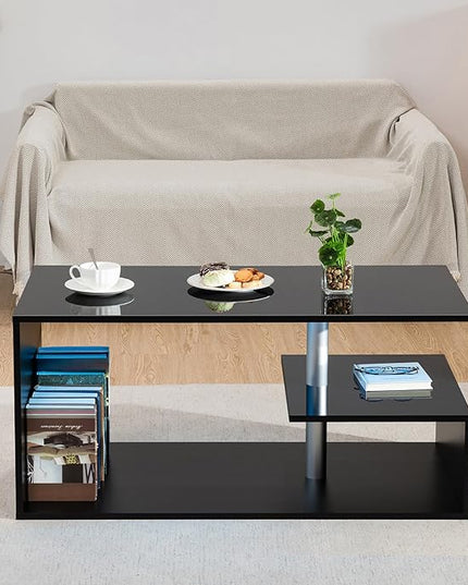 HOMMPA LED Coffee Tables for Living Room Modern Coffee Table with S-Shaped 3 Tiers Open Storage Shelf High Gloss Black Center Sofa Tea Table with LED Lights for Home Office Furniture - LeafyLoom