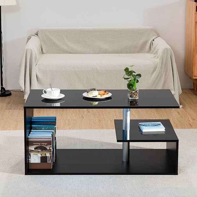 HOMMPA LED Coffee Tables for Living Room Modern Coffee Table with S-Shaped 3 Tiers Open Storage Shelf High Gloss Black Center Sofa Tea Table with LED Lights for Home Office Furniture - LeafyLoom