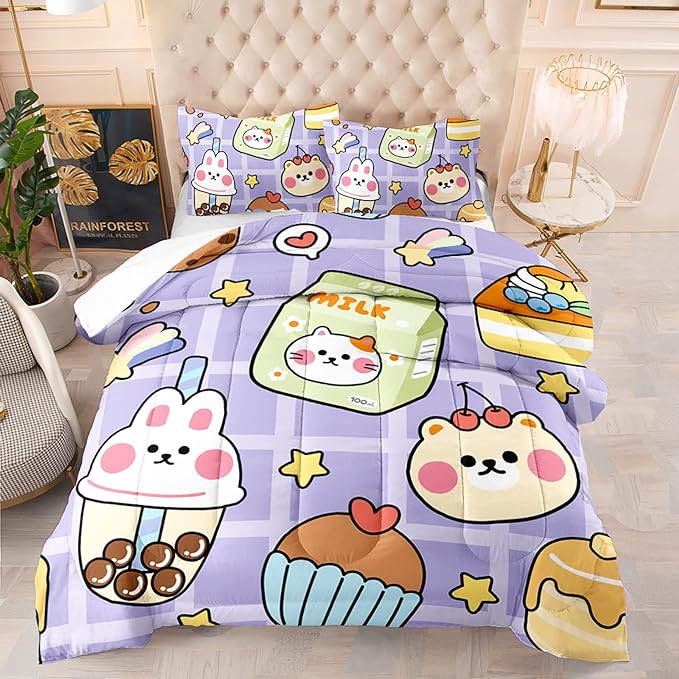 Kawaii Bear Comforter Set for Kids Teens Girls Women,Purple Bear Kids Comforter,1 Comforter with 2 Pillowcase, Microfiber 3 Piece Bedding Set,for All Seasons(Purple，Twin Size) - LeafyLoom